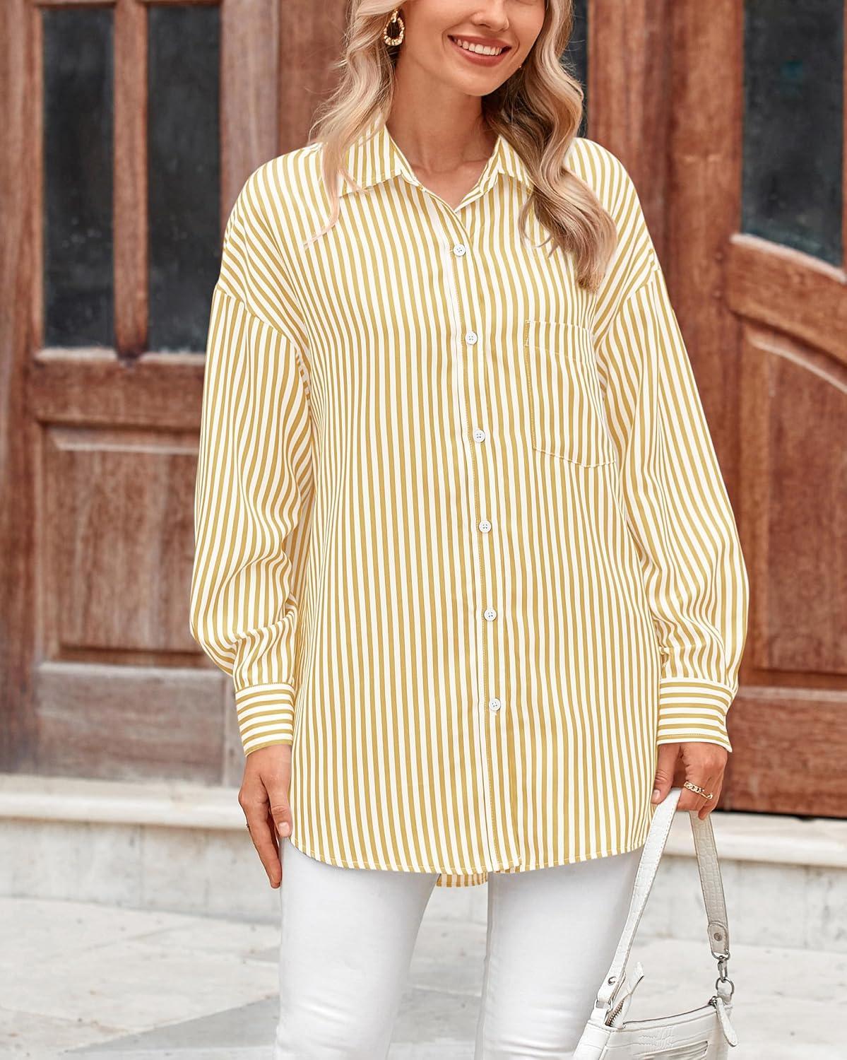 imageBTFBM Womens Button Down Shirts Striped Shirt Long Sleeve Casual Collared Office Work Loose Fit Blouses Tops PocketOrange