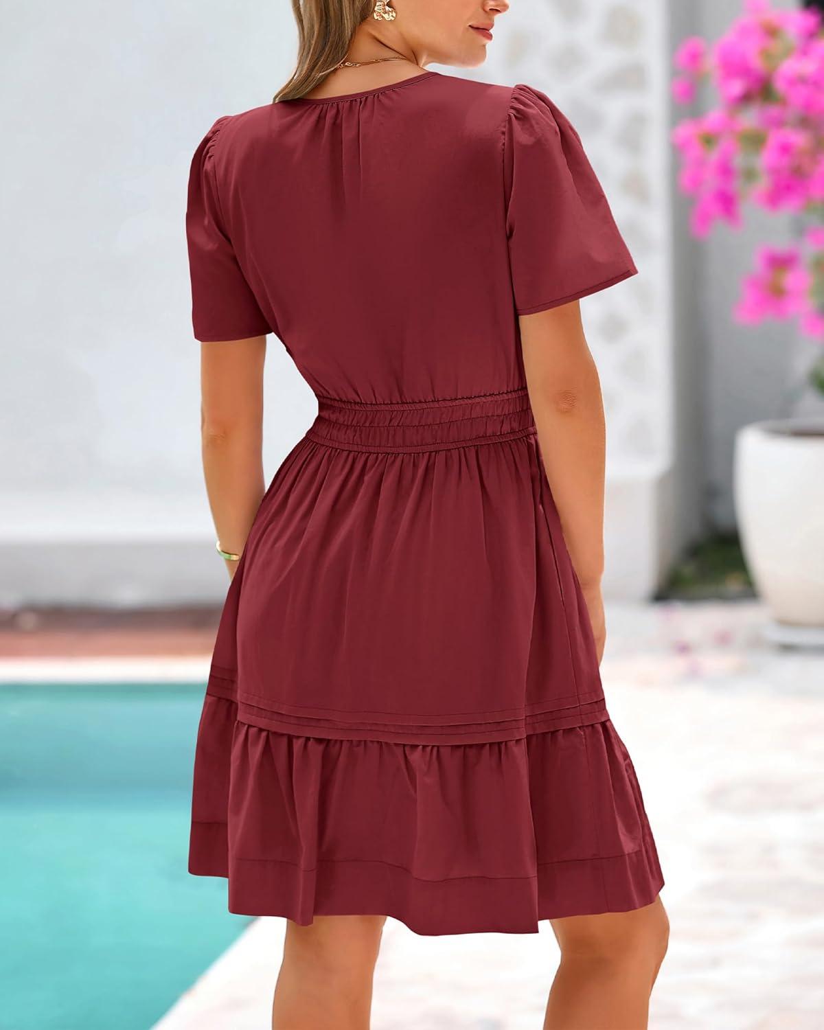 imageBTFBM Womens Casual Dresses 2026 Summer Spring V Neck Short Sleeve Sundress Smocked Waist A Line Tiered Mini DressWine Red