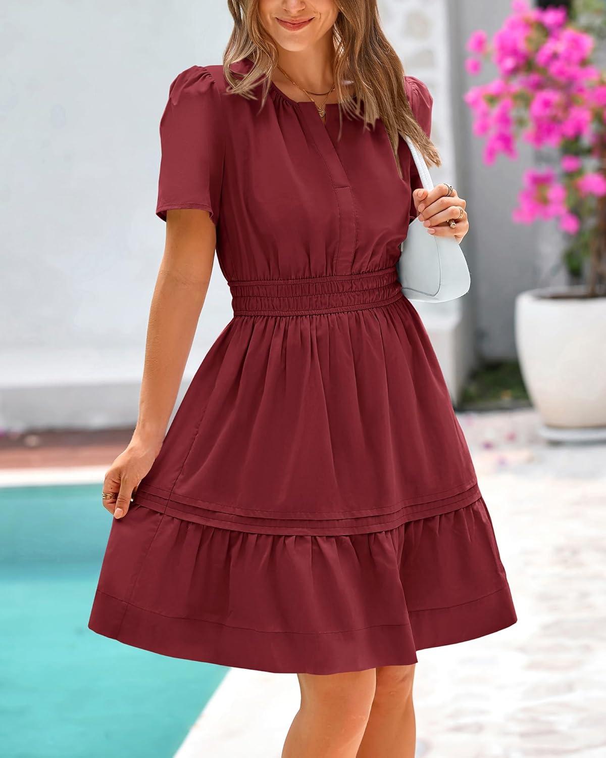 imageBTFBM Womens Casual Dresses 2026 Summer Spring V Neck Short Sleeve Sundress Smocked Waist A Line Tiered Mini DressWine Red