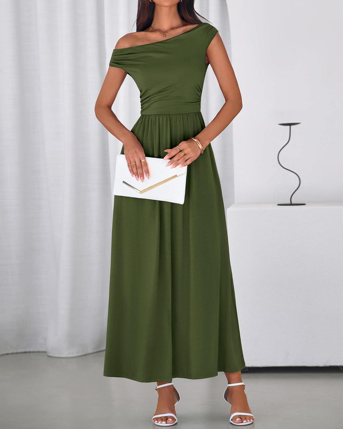 imageBTFBM Womens Casual Dresses Spring 2026 Sleeveless Off The Shoulder Dress Slim Swing Pleated Beach Maxi Sundress PocketArmy Green