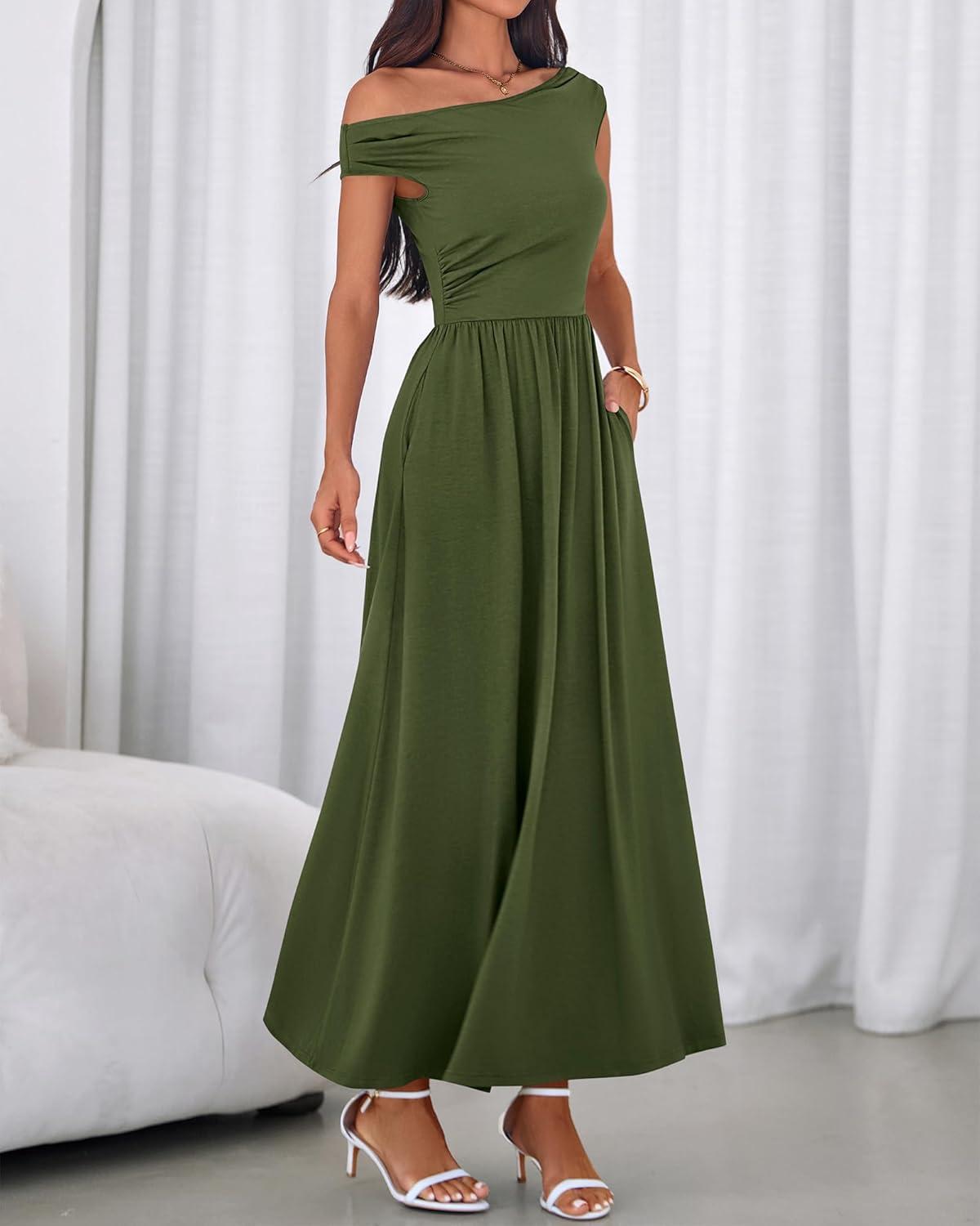 imageBTFBM Womens Casual Dresses Spring 2026 Sleeveless Off The Shoulder Dress Slim Swing Pleated Beach Maxi Sundress PocketArmy Green