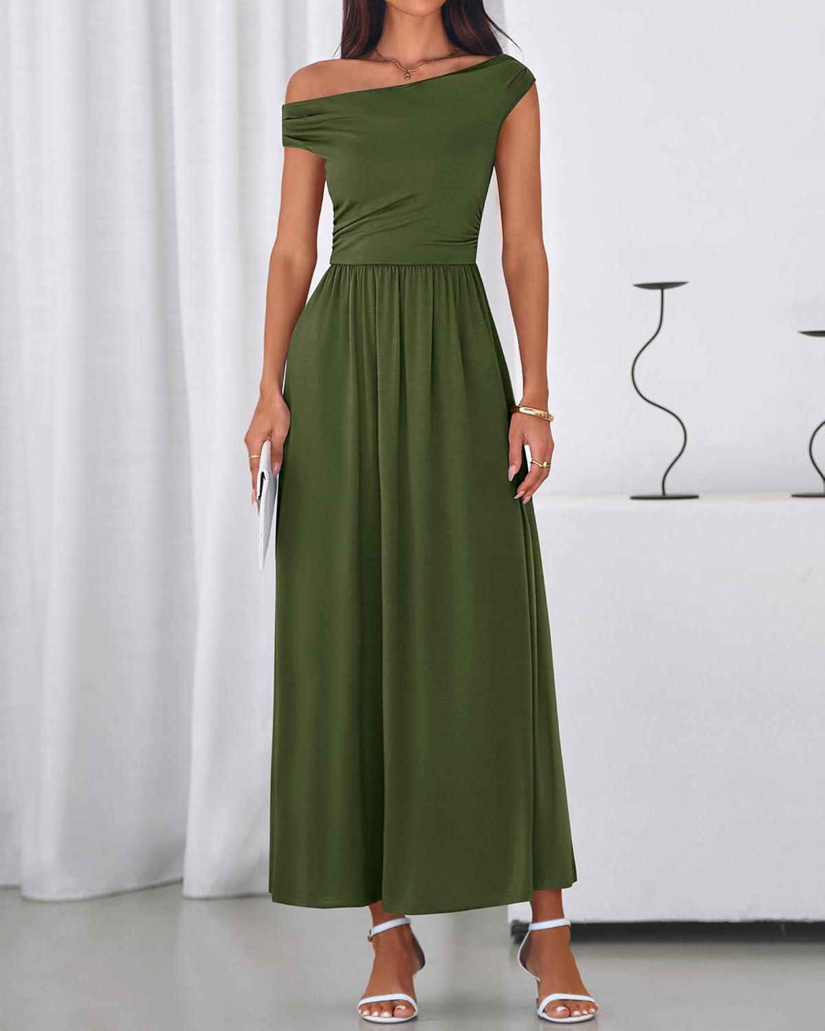 imageBTFBM Womens Casual Dresses Spring 2026 Sleeveless Off The Shoulder Dress Slim Swing Pleated Beach Maxi Sundress PocketArmy Green