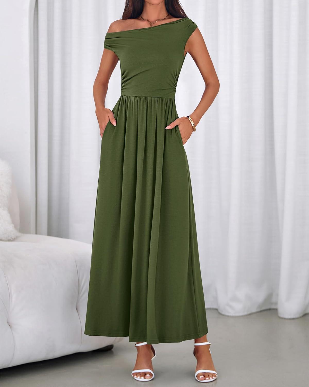 imageBTFBM Womens Casual Dresses Spring 2026 Sleeveless Off The Shoulder Dress Slim Swing Pleated Beach Maxi Sundress PocketArmy Green
