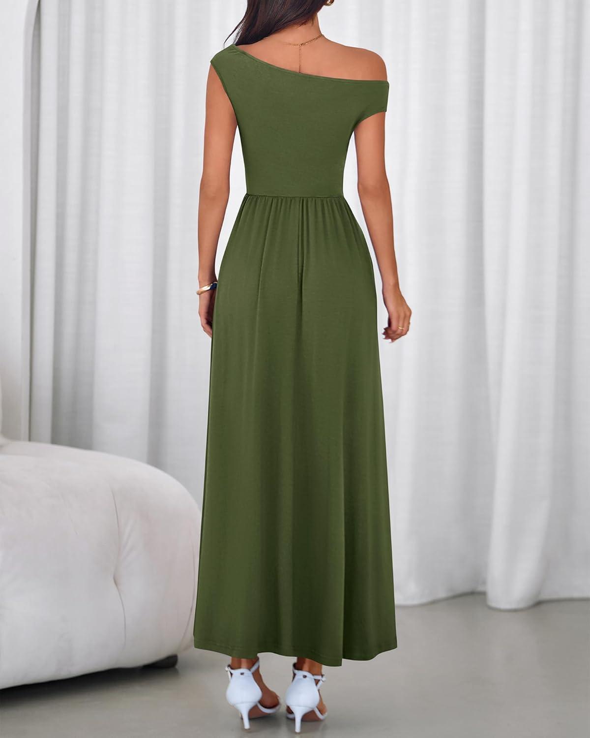 imageBTFBM Womens Casual Dresses Spring 2026 Sleeveless Off The Shoulder Dress Slim Swing Pleated Beach Maxi Sundress PocketArmy Green