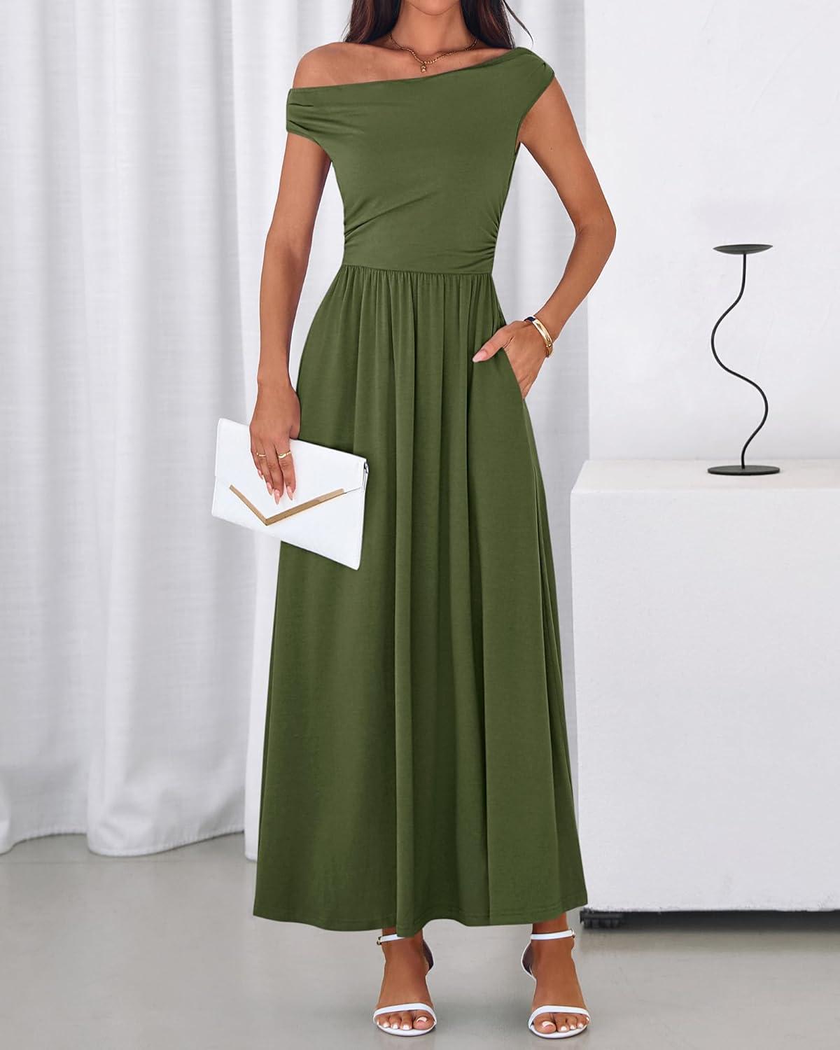 imageBTFBM Womens Casual Dresses Spring 2026 Sleeveless Off The Shoulder Dress Slim Swing Pleated Beach Maxi Sundress PocketArmy Green