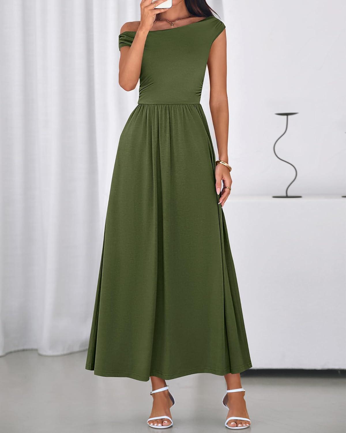 imageBTFBM Womens Casual Dresses Spring 2026 Sleeveless Off The Shoulder Dress Slim Swing Pleated Beach Maxi Sundress PocketArmy Green