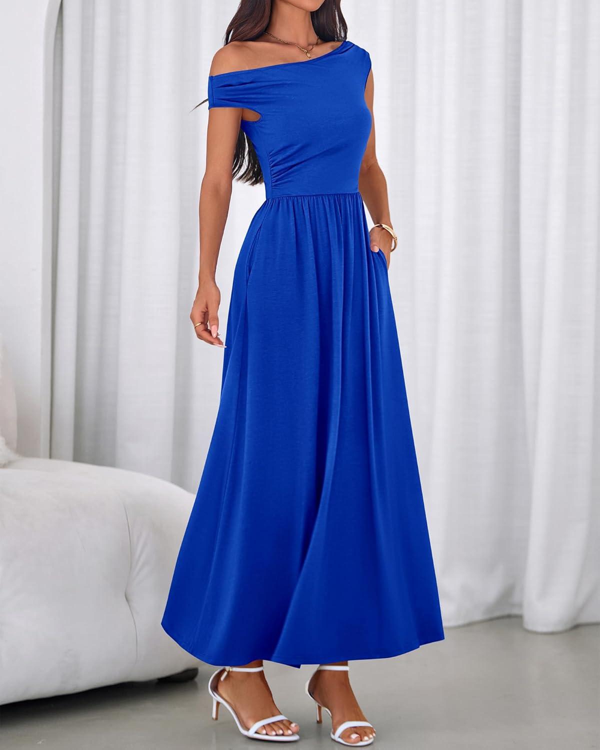 imageBTFBM Womens Casual Dresses Spring 2026 Sleeveless Off The Shoulder Dress Slim Swing Pleated Beach Maxi Sundress PocketBlue