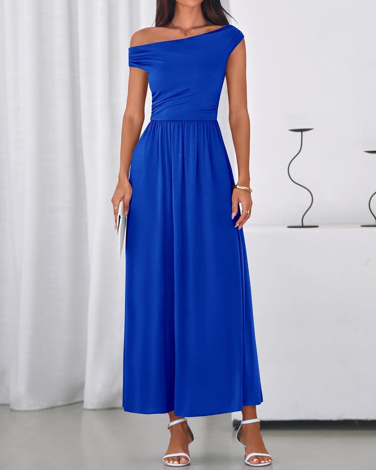 imageBTFBM Womens Casual Dresses Spring 2026 Sleeveless Off The Shoulder Dress Slim Swing Pleated Beach Maxi Sundress PocketBlue