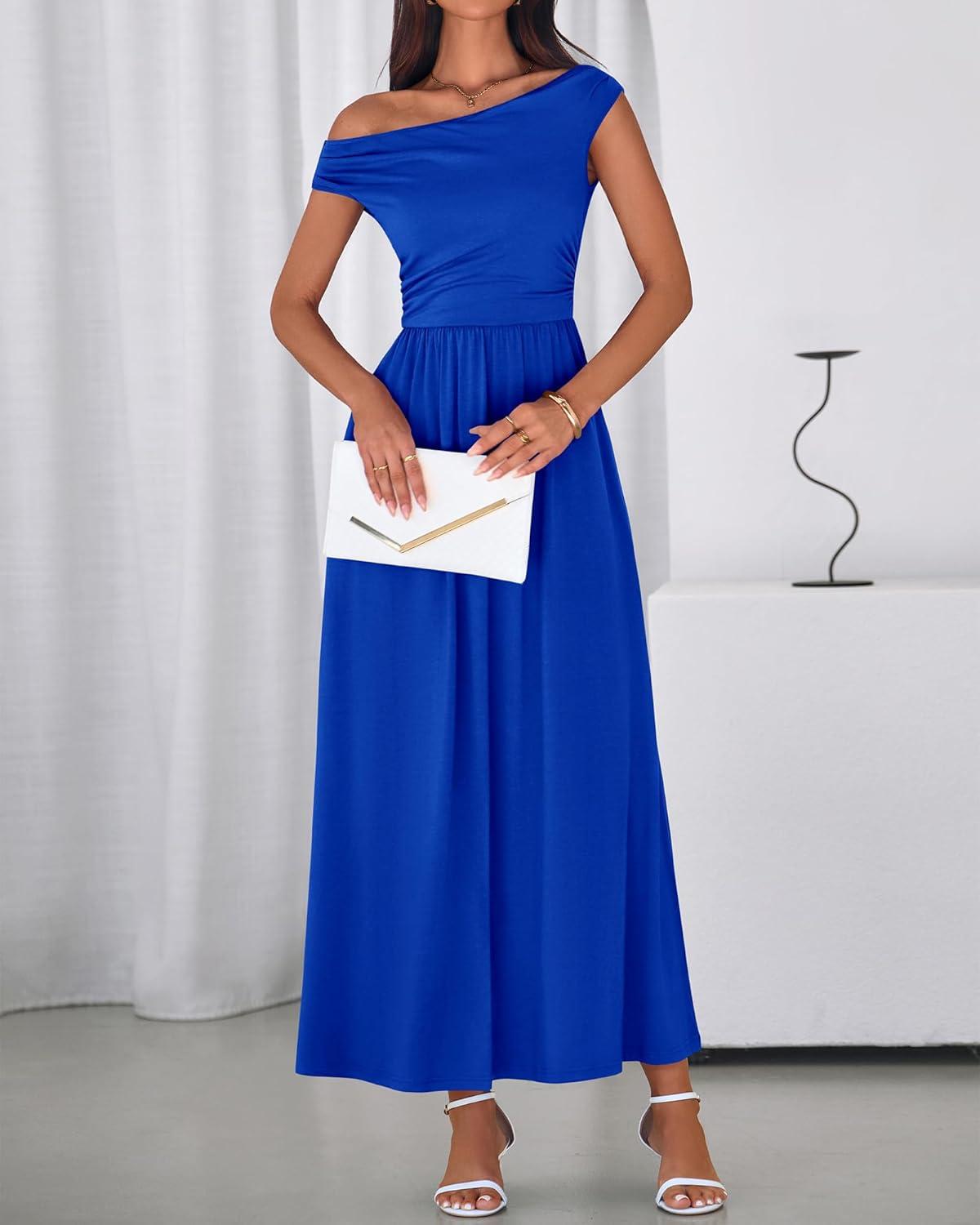 imageBTFBM Womens Casual Dresses Spring 2026 Sleeveless Off The Shoulder Dress Slim Swing Pleated Beach Maxi Sundress PocketBlue