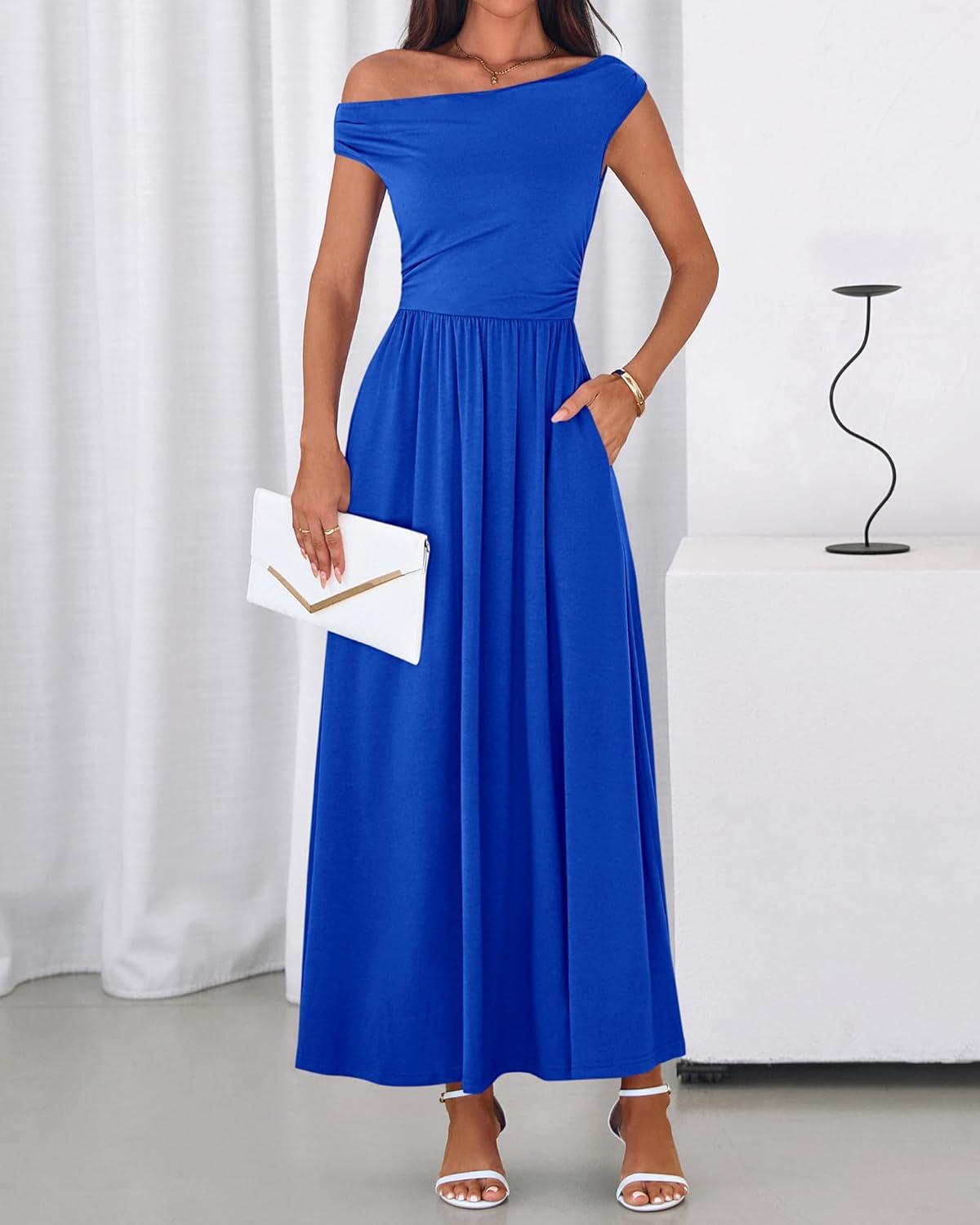 imageBTFBM Womens Casual Dresses Spring 2026 Sleeveless Off The Shoulder Dress Slim Swing Pleated Beach Maxi Sundress PocketBlue