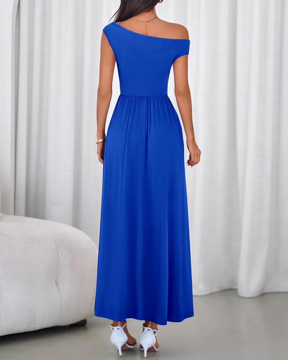 imageBTFBM Womens Casual Dresses Spring 2026 Sleeveless Off The Shoulder Dress Slim Swing Pleated Beach Maxi Sundress PocketBlue