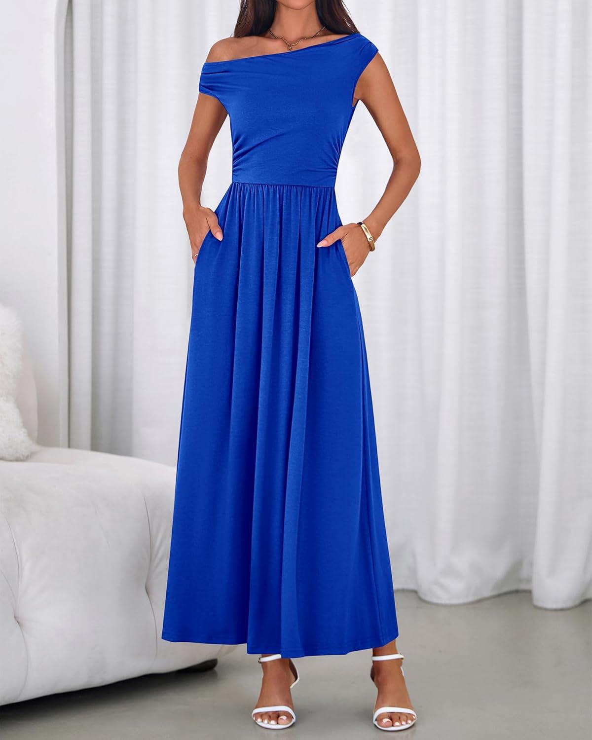 imageBTFBM Womens Casual Dresses Spring 2026 Sleeveless Off The Shoulder Dress Slim Swing Pleated Beach Maxi Sundress PocketBlue
