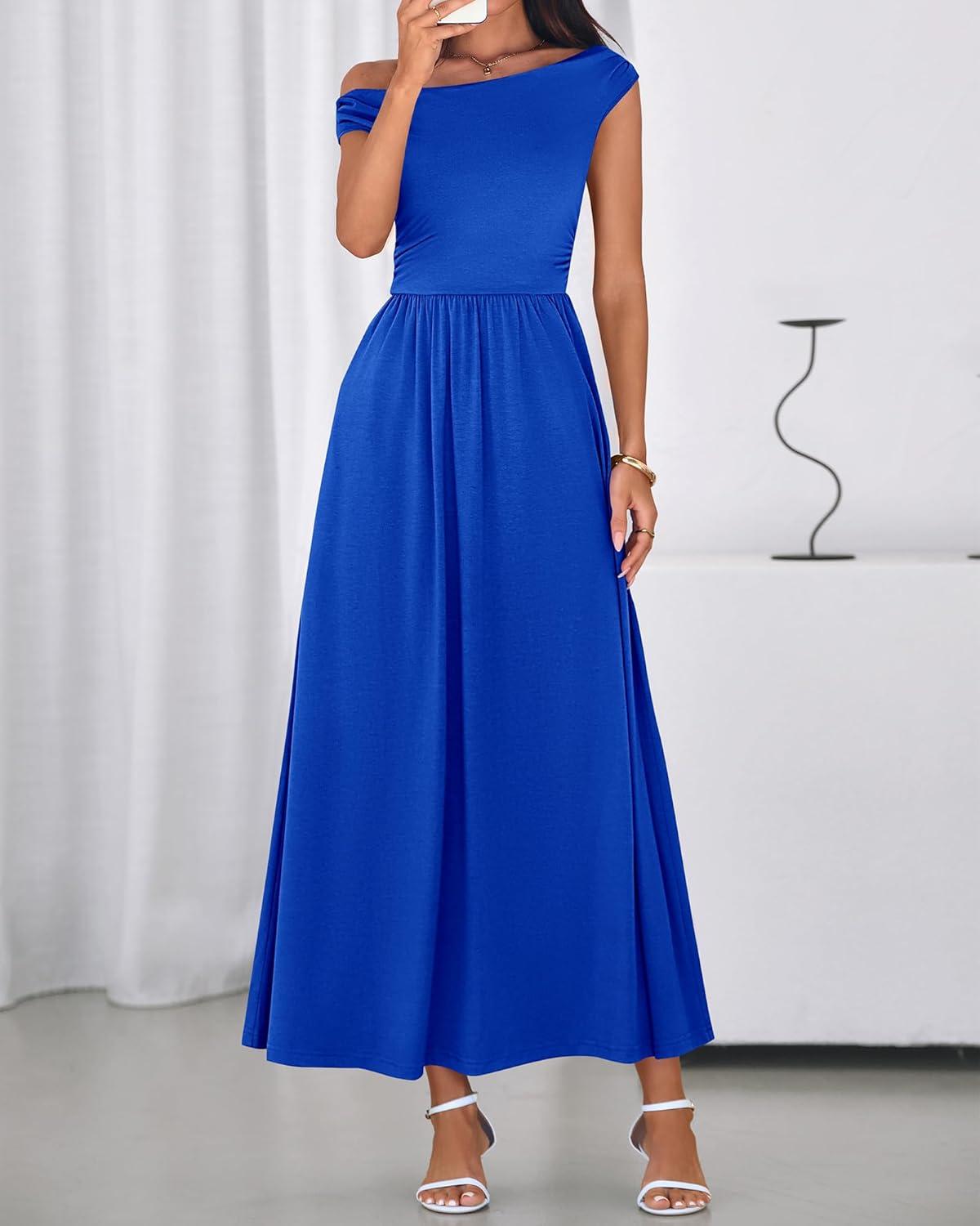 imageBTFBM Womens Casual Dresses Spring 2026 Sleeveless Off The Shoulder Dress Slim Swing Pleated Beach Maxi Sundress PocketBlue