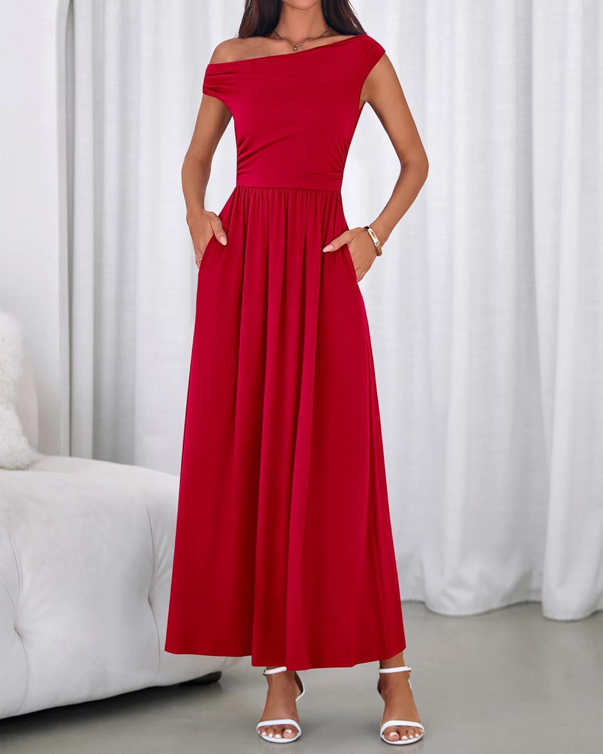imageBTFBM Womens Casual Dresses Spring 2026 Sleeveless Off The Shoulder Dress Slim Swing Pleated Beach Maxi Sundress PocketRed
