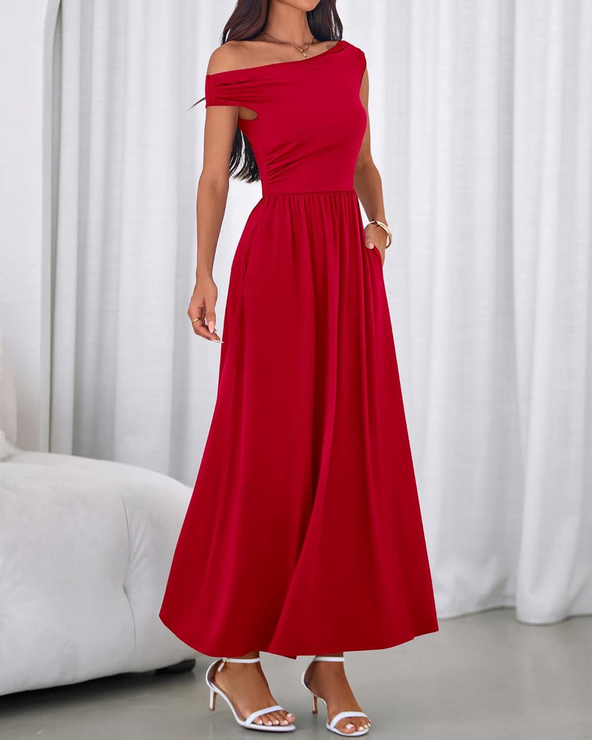 imageBTFBM Womens Casual Dresses Spring 2026 Sleeveless Off The Shoulder Dress Slim Swing Pleated Beach Maxi Sundress PocketRed