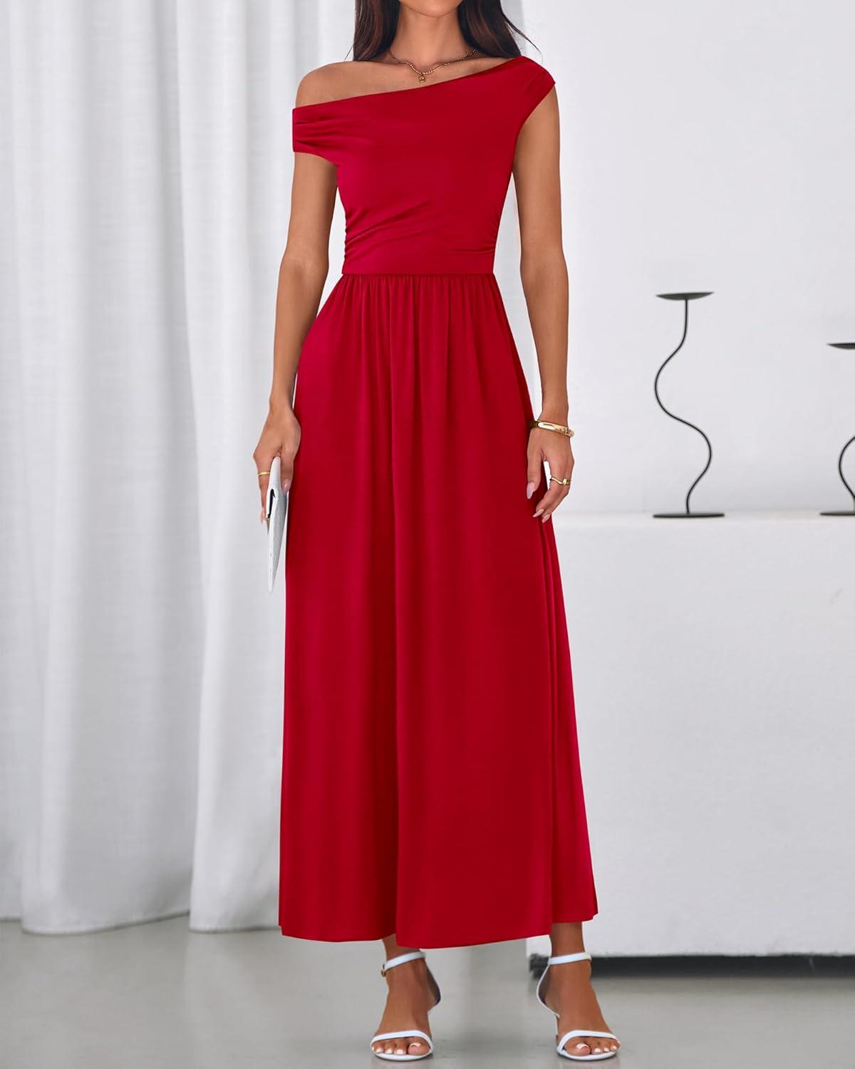 imageBTFBM Womens Casual Dresses Spring 2026 Sleeveless Off The Shoulder Dress Slim Swing Pleated Beach Maxi Sundress PocketRed
