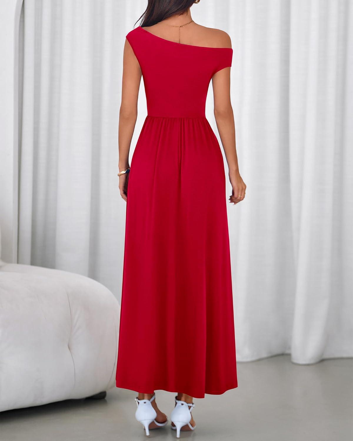 imageBTFBM Womens Casual Dresses Spring 2026 Sleeveless Off The Shoulder Dress Slim Swing Pleated Beach Maxi Sundress PocketRed