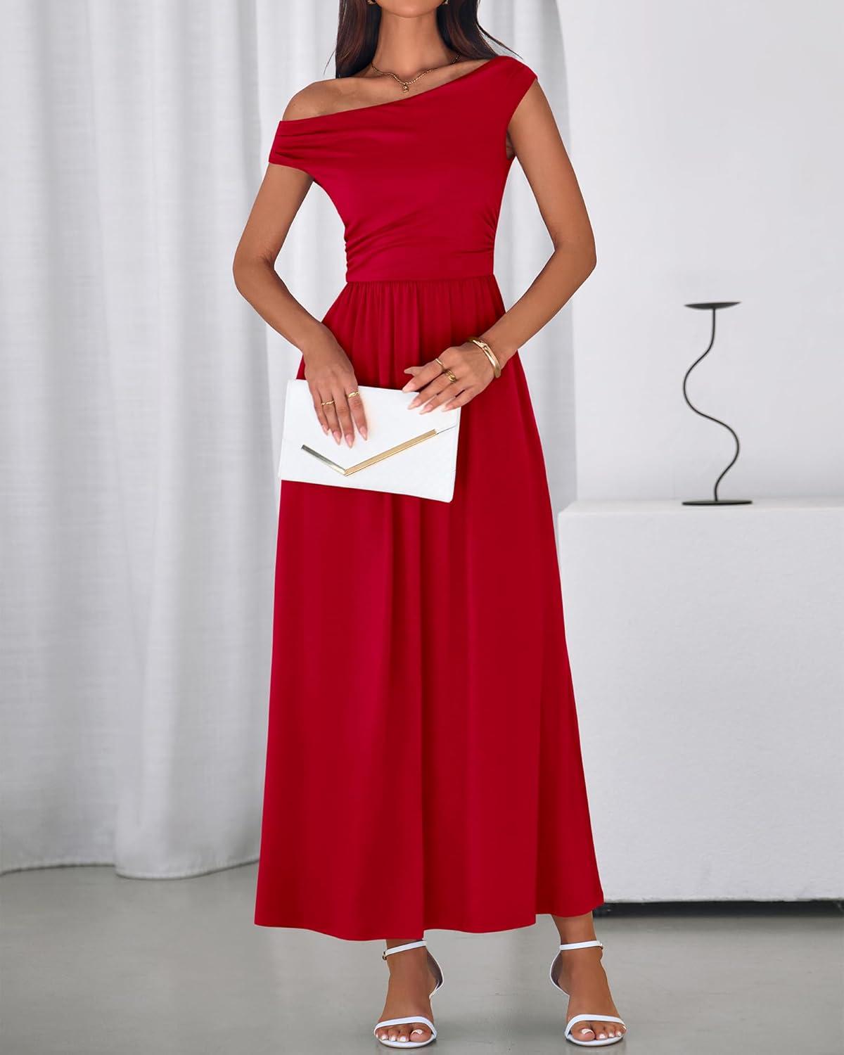 imageBTFBM Womens Casual Dresses Spring 2026 Sleeveless Off The Shoulder Dress Slim Swing Pleated Beach Maxi Sundress PocketRed