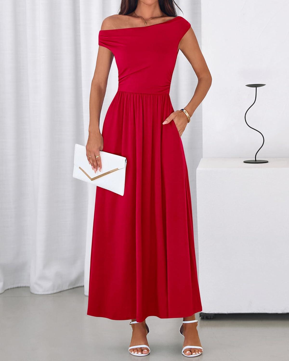 imageBTFBM Womens Casual Dresses Spring 2026 Sleeveless Off The Shoulder Dress Slim Swing Pleated Beach Maxi Sundress PocketRed