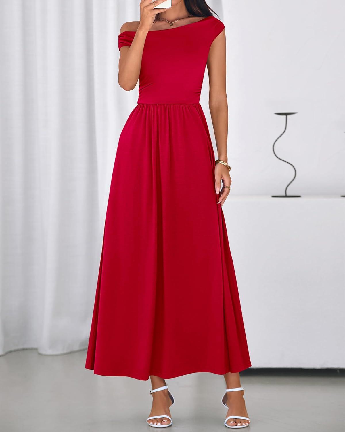 imageBTFBM Womens Casual Dresses Spring 2026 Sleeveless Off The Shoulder Dress Slim Swing Pleated Beach Maxi Sundress PocketRed