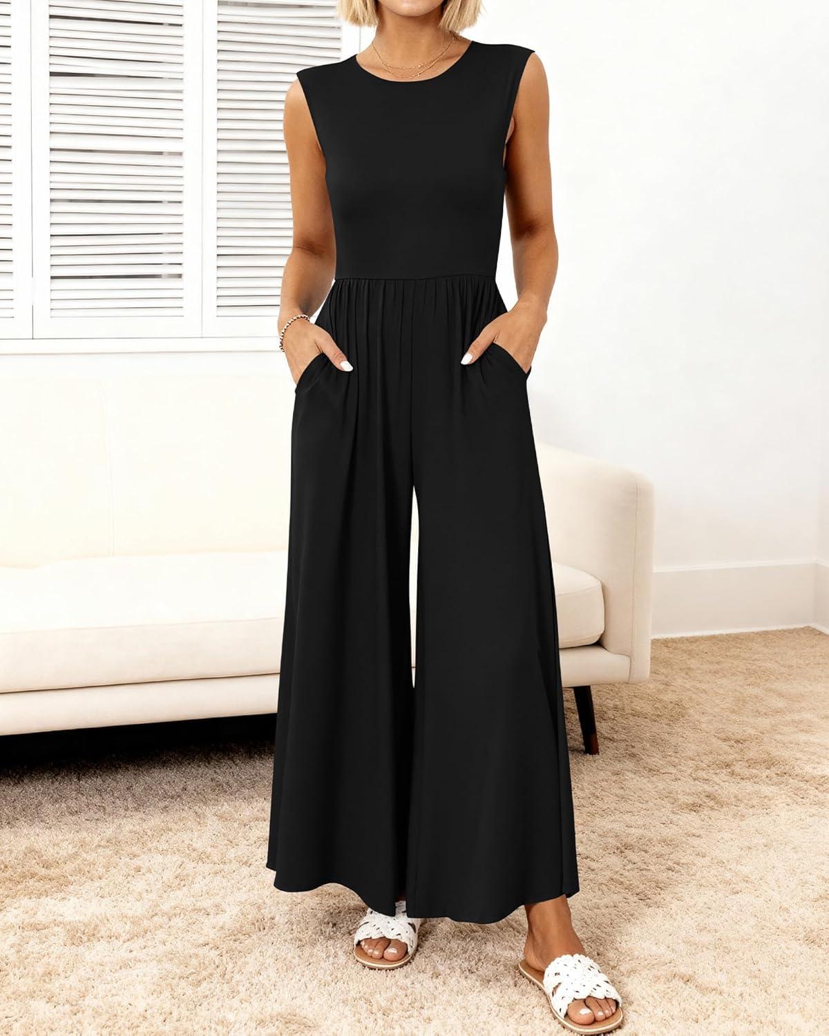 imageBTFBM Womens Casual Jumpsuits Dressy 2026 Spring One Piece Outfits Crew Neck Sleeveless Knit Wide Leg Pants Romper BeachBlack