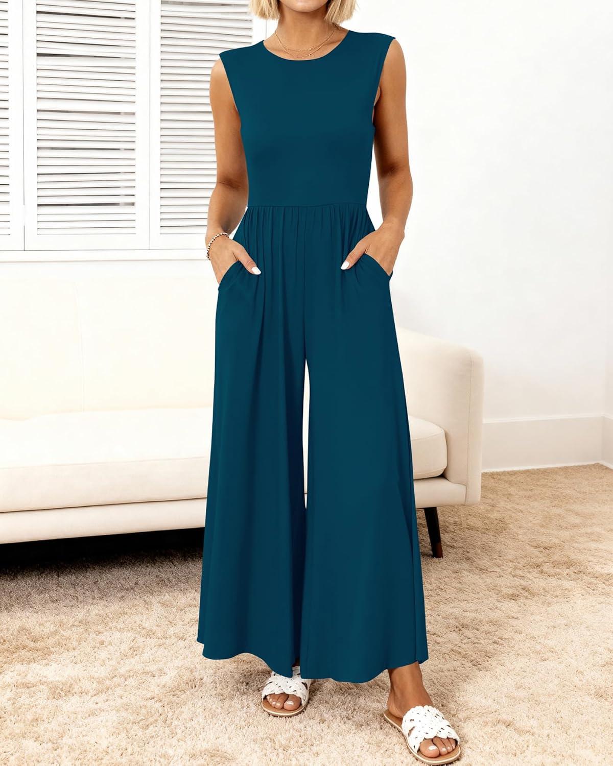 imageBTFBM Womens Casual Jumpsuits Dressy 2026 Spring One Piece Outfits Crew Neck Sleeveless Knit Wide Leg Pants Romper BeachDark Blue
