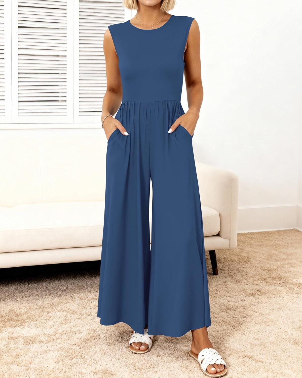 imageBTFBM Womens Casual Jumpsuits Dressy 2026 Spring One Piece Outfits Crew Neck Sleeveless Knit Wide Leg Pants Romper BeachDenim Blue