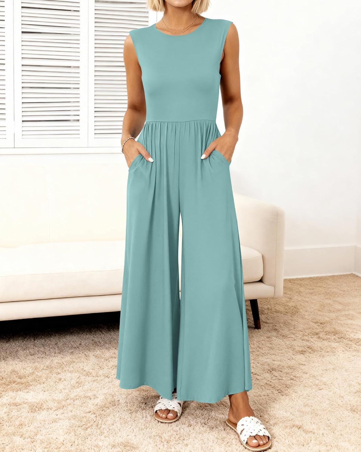imageBTFBM Womens Casual Jumpsuits Dressy 2026 Spring One Piece Outfits Crew Neck Sleeveless Knit Wide Leg Pants Romper BeachFruit Green