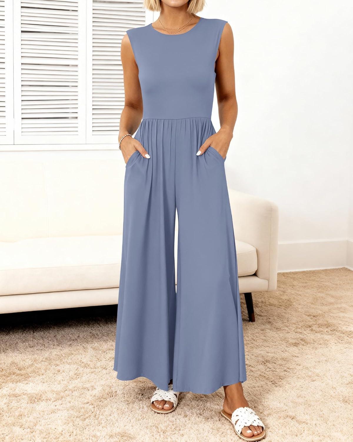 imageBTFBM Womens Casual Jumpsuits Dressy 2026 Spring One Piece Outfits Crew Neck Sleeveless Knit Wide Leg Pants Romper BeachGrey Blue
