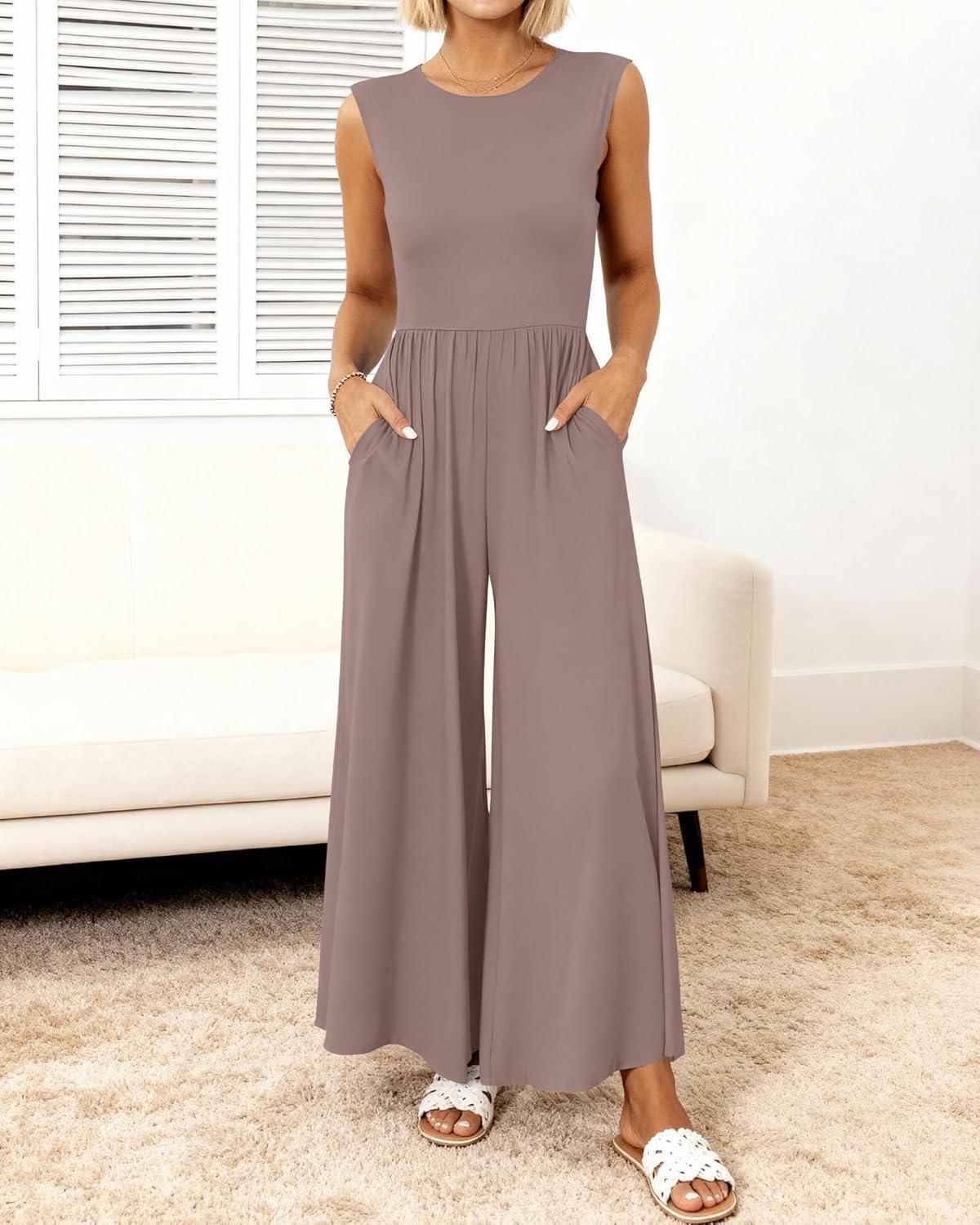 imageBTFBM Womens Casual Jumpsuits Dressy 2026 Spring One Piece Outfits Crew Neck Sleeveless Knit Wide Leg Pants Romper BeachLight Coffee