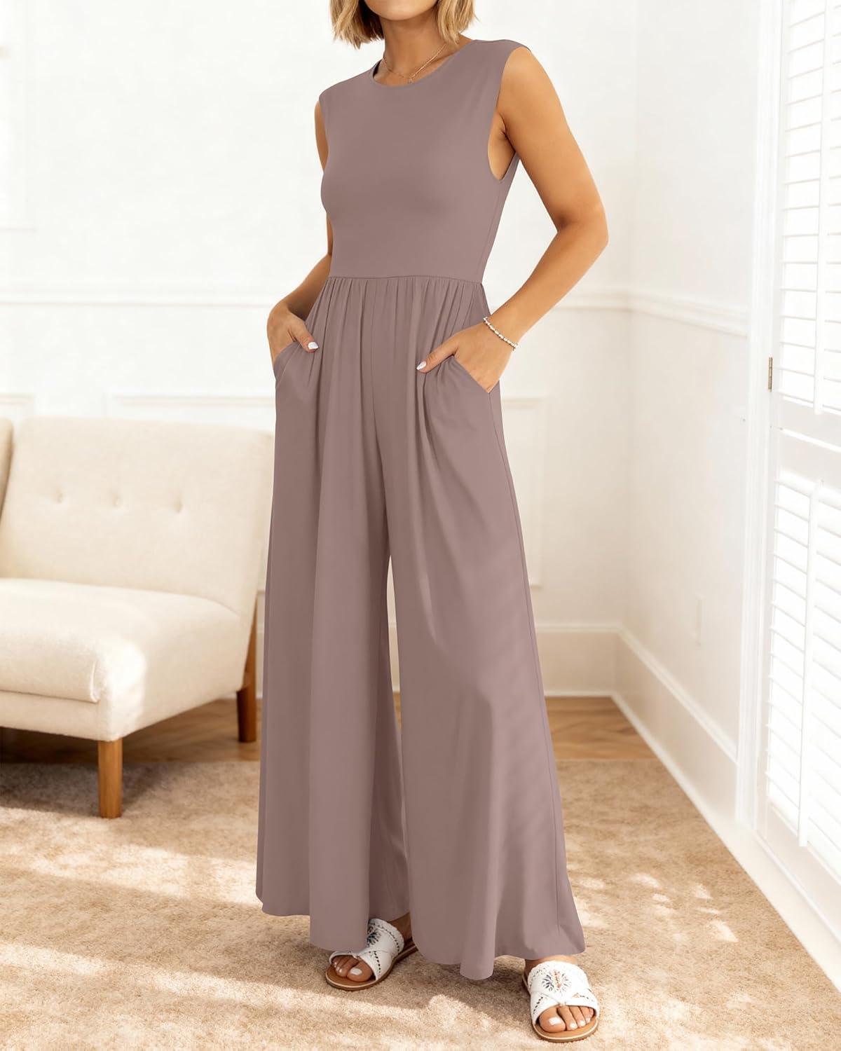 imageBTFBM Womens Casual Jumpsuits Dressy 2026 Spring One Piece Outfits Crew Neck Sleeveless Knit Wide Leg Pants Romper BeachLight Coffee