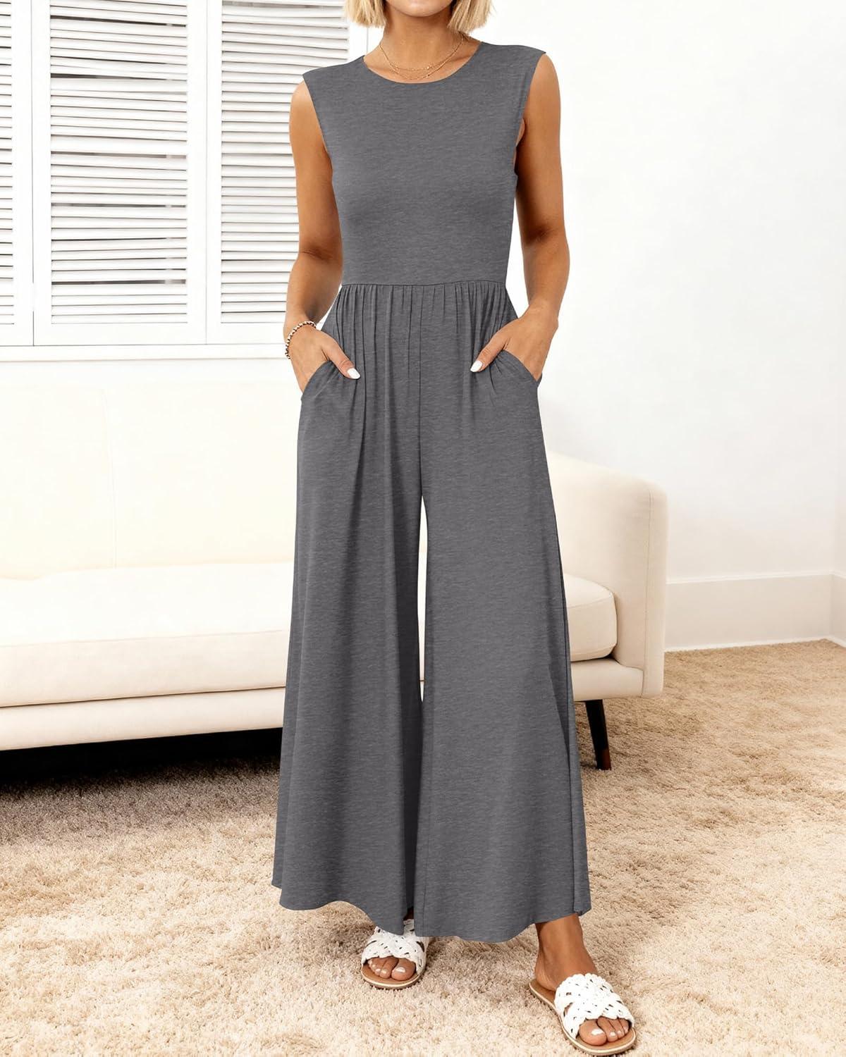 imageBTFBM Womens Casual Jumpsuits Dressy 2026 Spring One Piece Outfits Crew Neck Sleeveless Knit Wide Leg Pants Romper BeachMid Grey