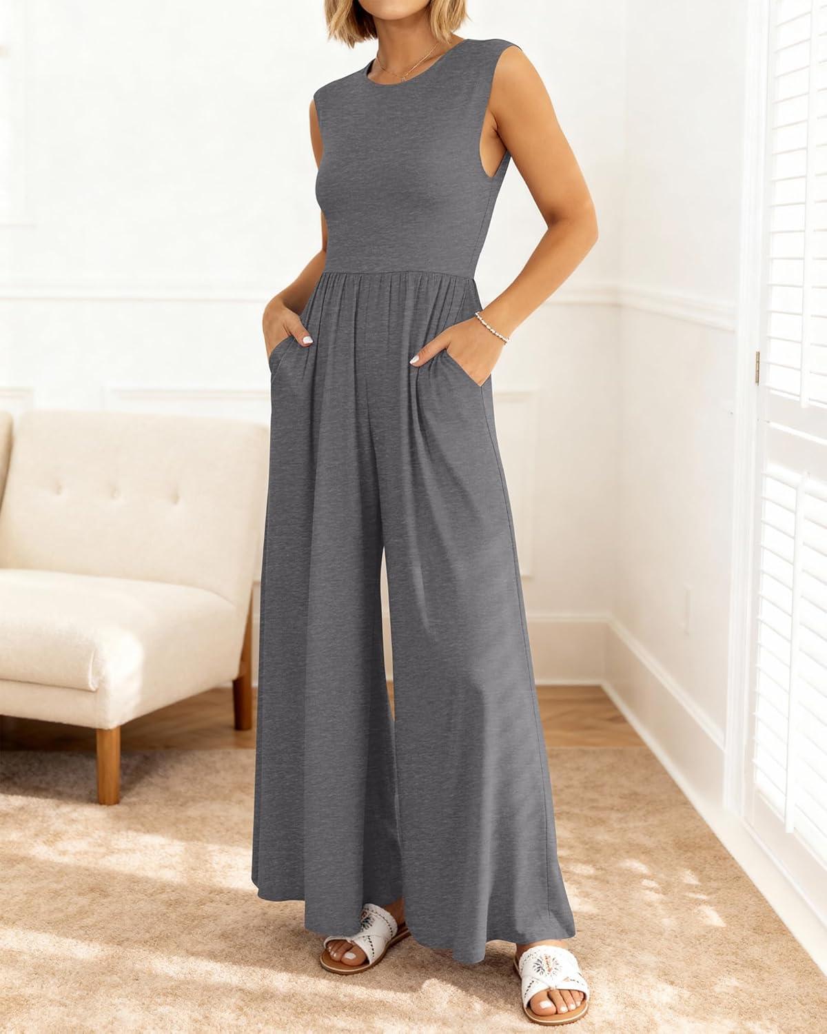imageBTFBM Womens Casual Jumpsuits Dressy 2026 Spring One Piece Outfits Crew Neck Sleeveless Knit Wide Leg Pants Romper BeachMid Grey