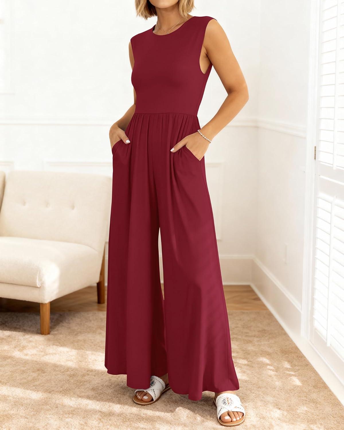 imageBTFBM Womens Casual Jumpsuits Dressy 2026 Spring One Piece Outfits Crew Neck Sleeveless Knit Wide Leg Pants Romper BeachWine Red