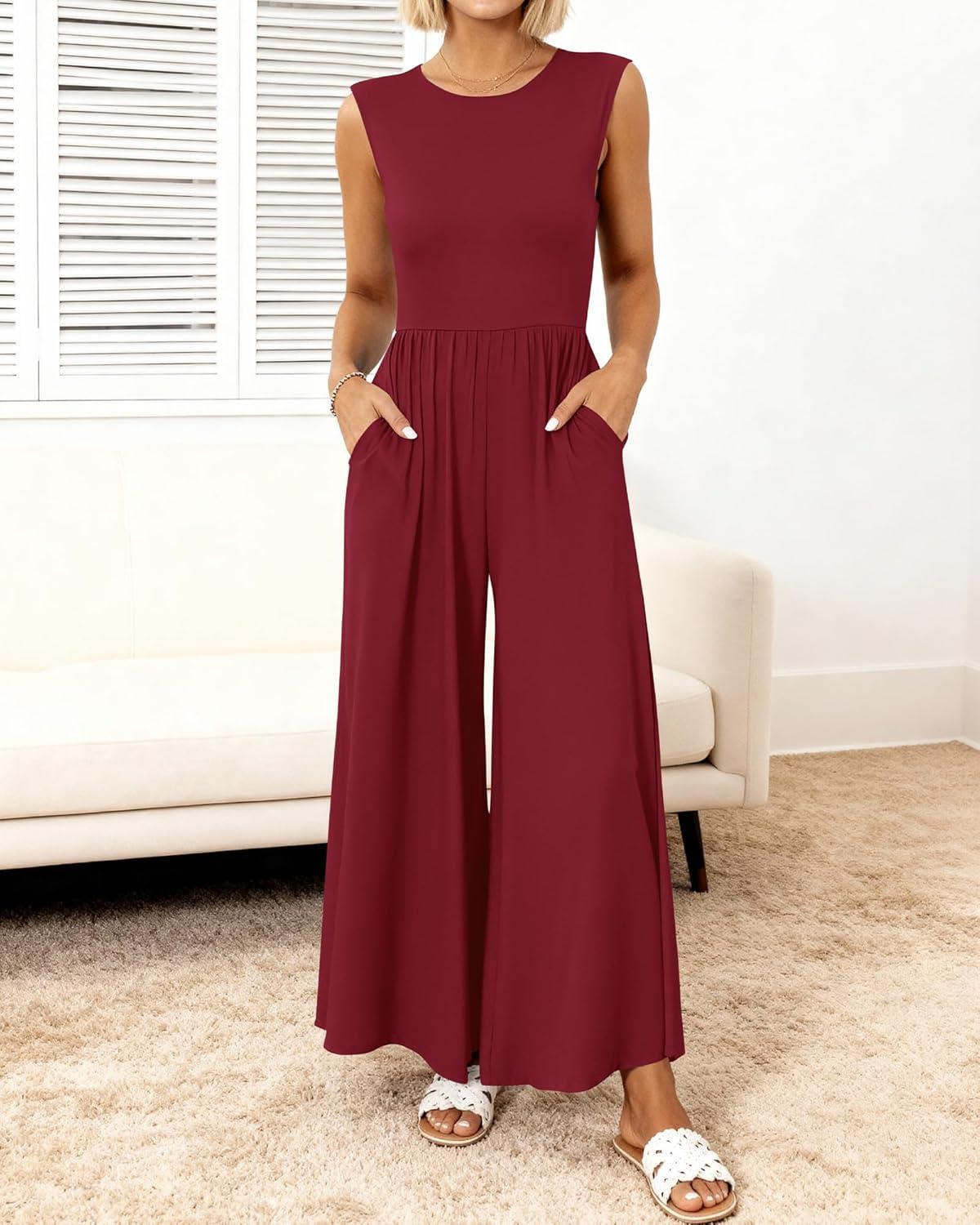 imageBTFBM Womens Casual Jumpsuits Dressy 2026 Spring One Piece Outfits Crew Neck Sleeveless Knit Wide Leg Pants Romper BeachWine Red