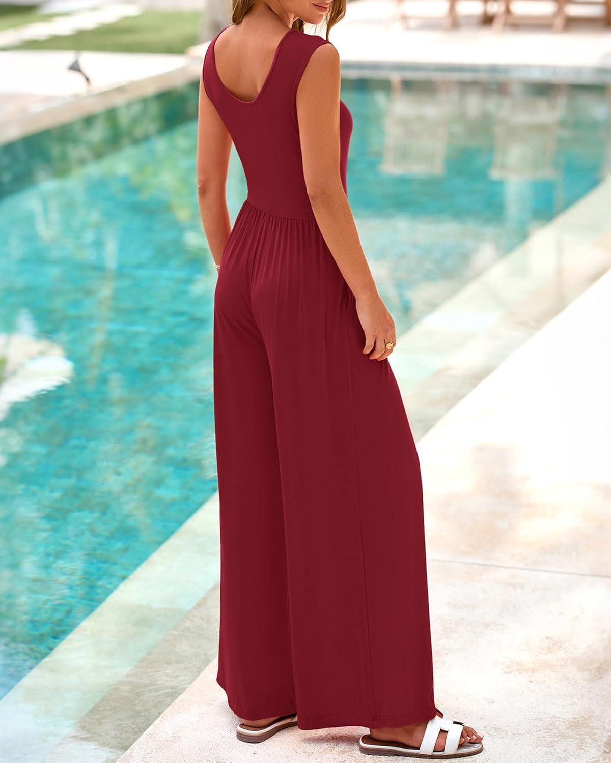 imageBTFBM Womens Casual Jumpsuits Dressy 2026 Spring One Piece Outfits Crew Neck Sleeveless Knit Wide Leg Pants Romper BeachWine Red
