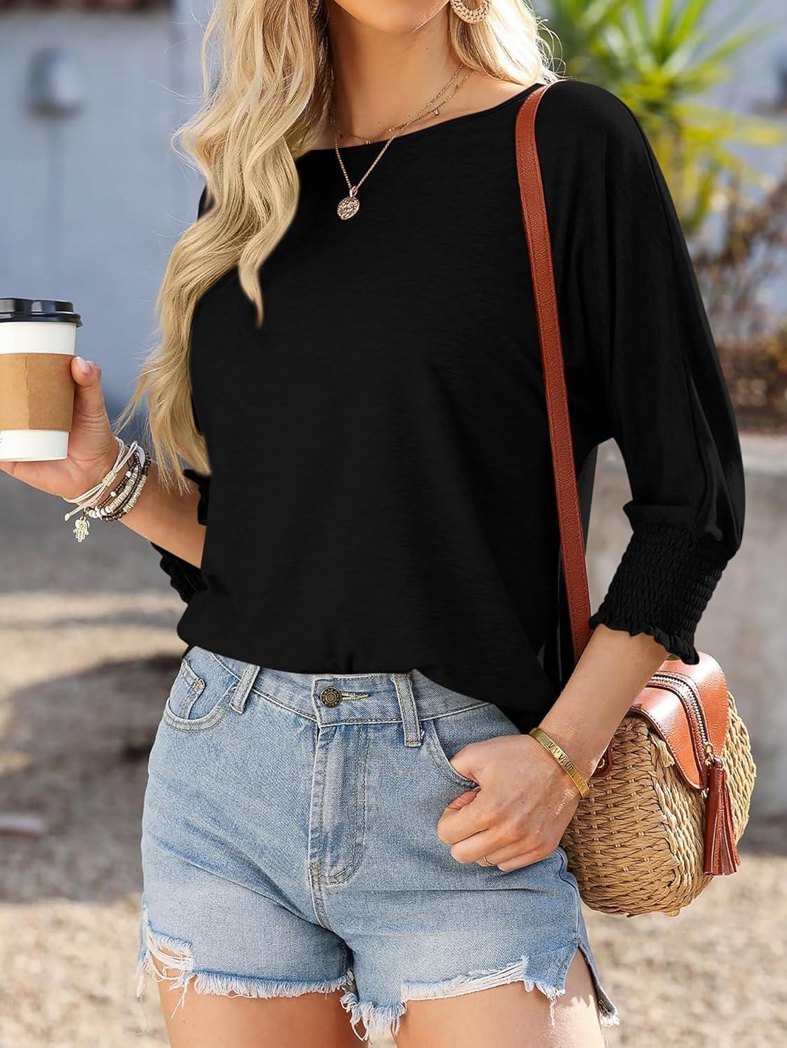 imageBTFBM Womens Casual Tops Dressy Spring Summer T Shirts 2026 Crewneck 34 Sleeve Beach Vacation Loose Tunic Work BlousesBlack