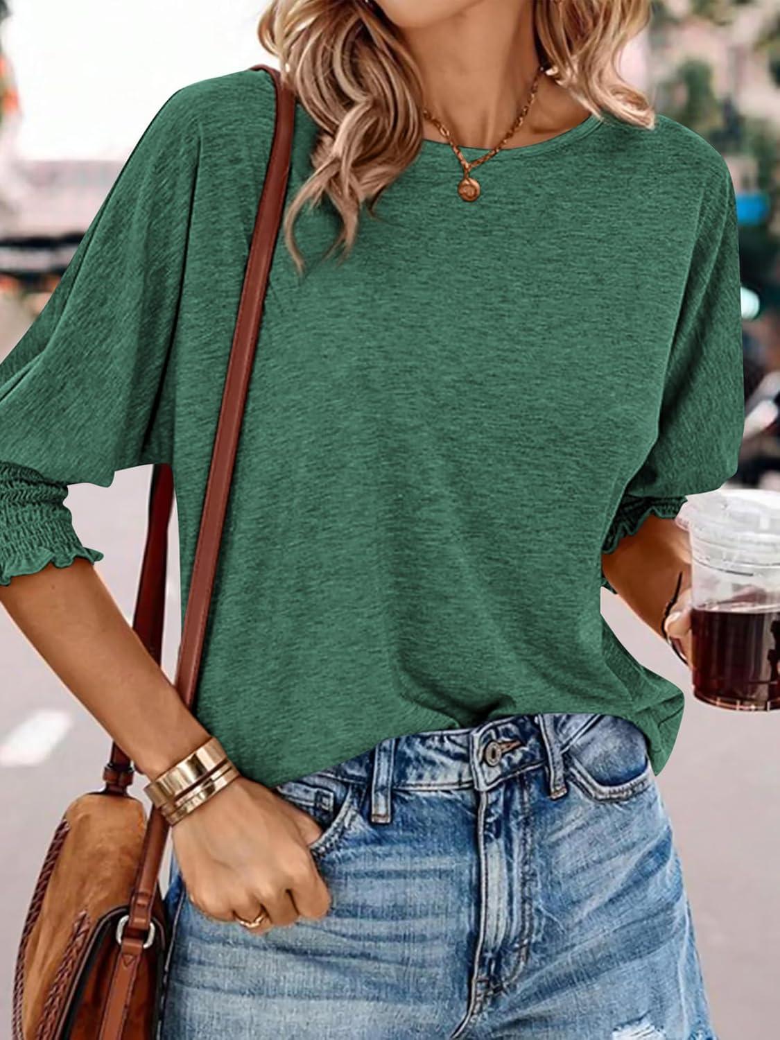 imageBTFBM Womens Casual Tops Dressy Spring Summer T Shirts 2026 Crewneck 34 Sleeve Beach Vacation Loose Tunic Work BlousesDark Green
