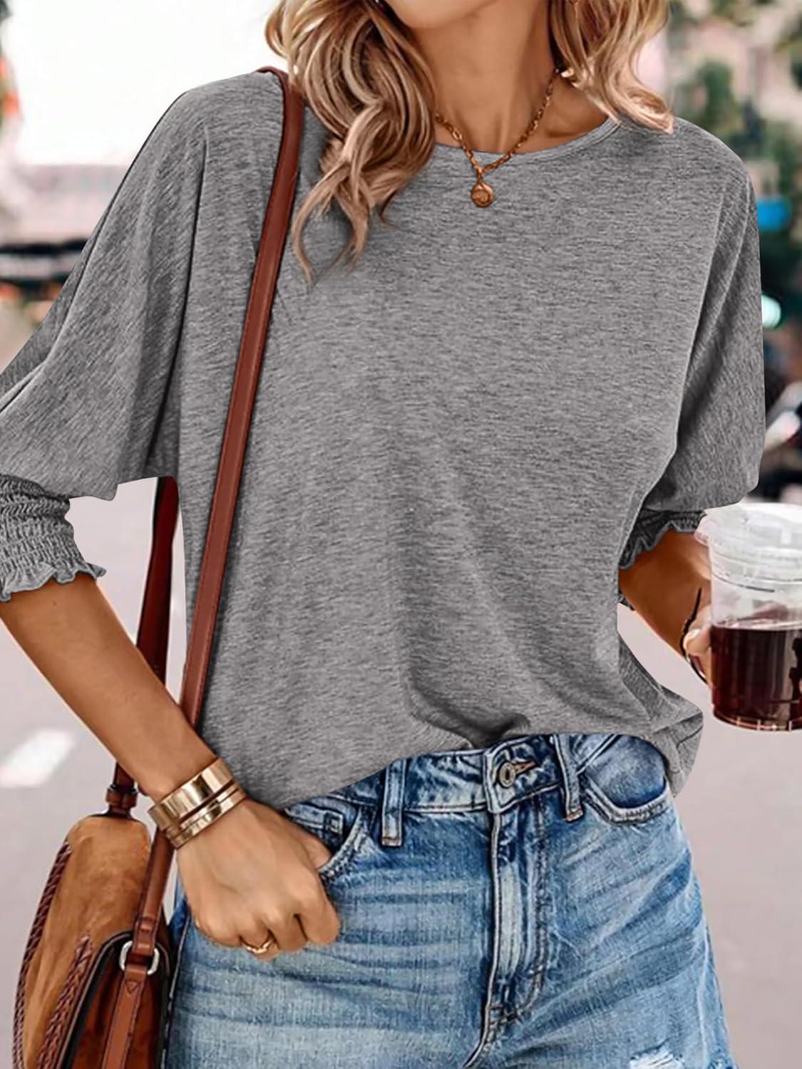 imageBTFBM Womens Casual Tops Dressy Spring Summer T Shirts 2026 Crewneck 34 Sleeve Beach Vacation Loose Tunic Work BlousesGrey