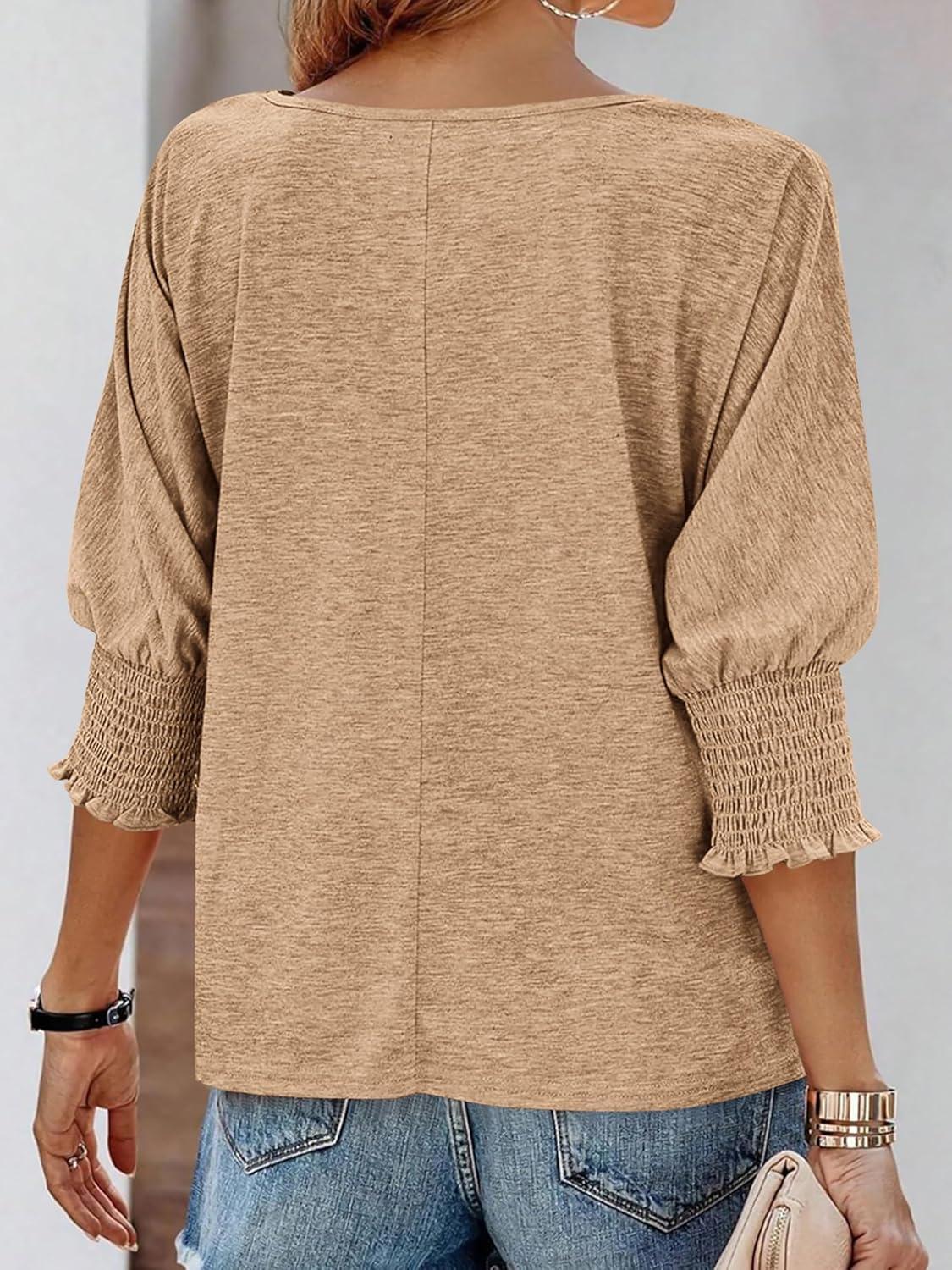 imageBTFBM Womens Casual Tops Dressy Spring Summer T Shirts 2026 Crewneck 34 Sleeve Beach Vacation Loose Tunic Work BlousesKhaki