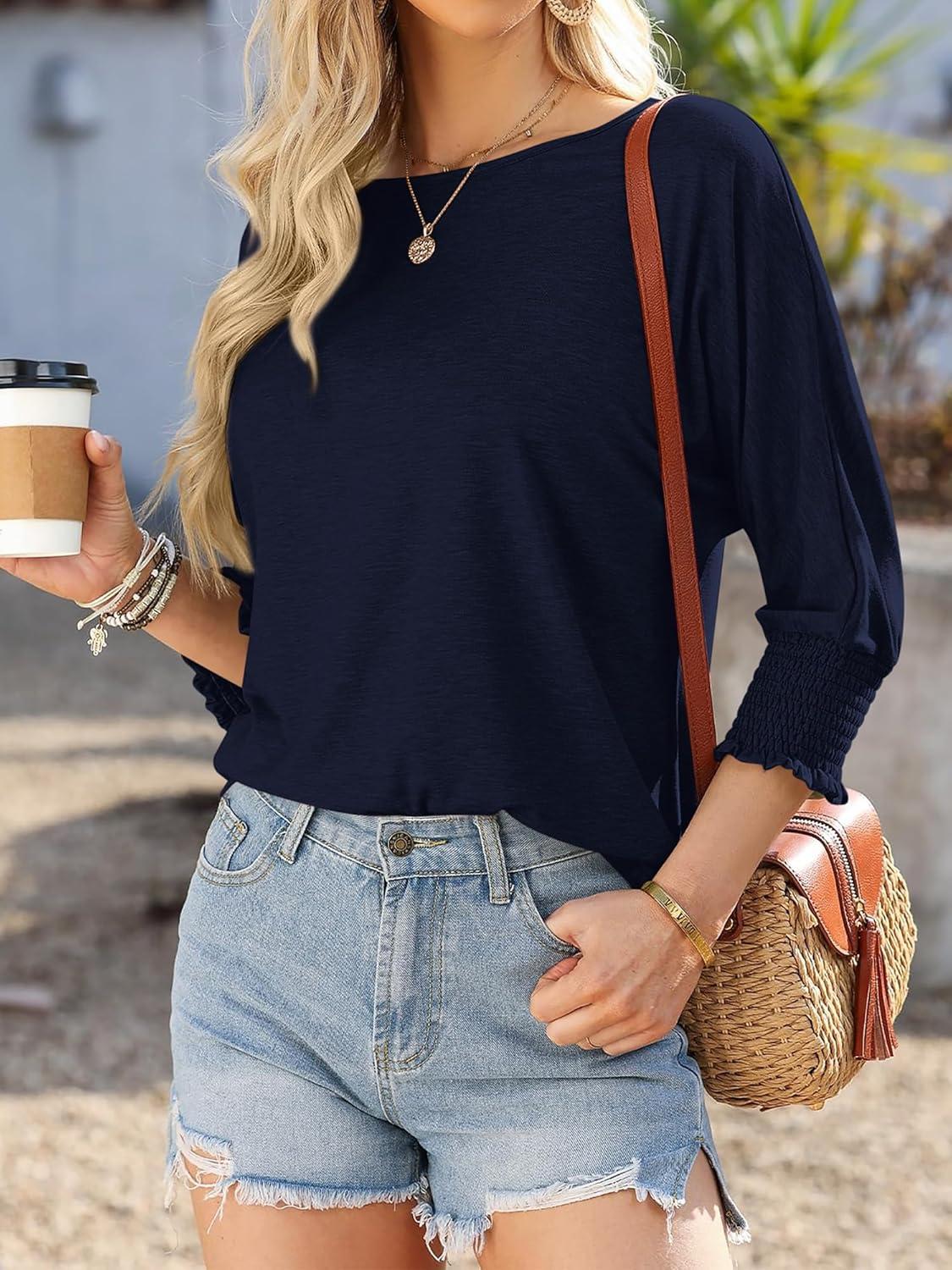 imageBTFBM Womens Casual Tops Dressy Spring Summer T Shirts 2026 Crewneck 34 Sleeve Beach Vacation Loose Tunic Work BlousesNavy