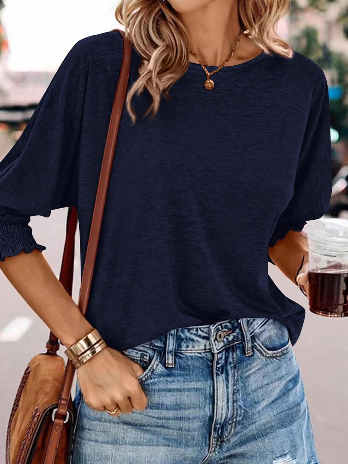 imageBTFBM Womens Casual Tops Dressy Spring Summer T Shirts 2026 Crewneck 34 Sleeve Beach Vacation Loose Tunic Work BlousesNavy