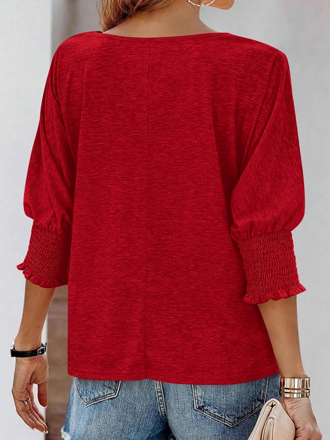 imageBTFBM Womens Casual Tops Dressy Spring Summer T Shirts 2026 Crewneck 34 Sleeve Beach Vacation Loose Tunic Work BlousesRed