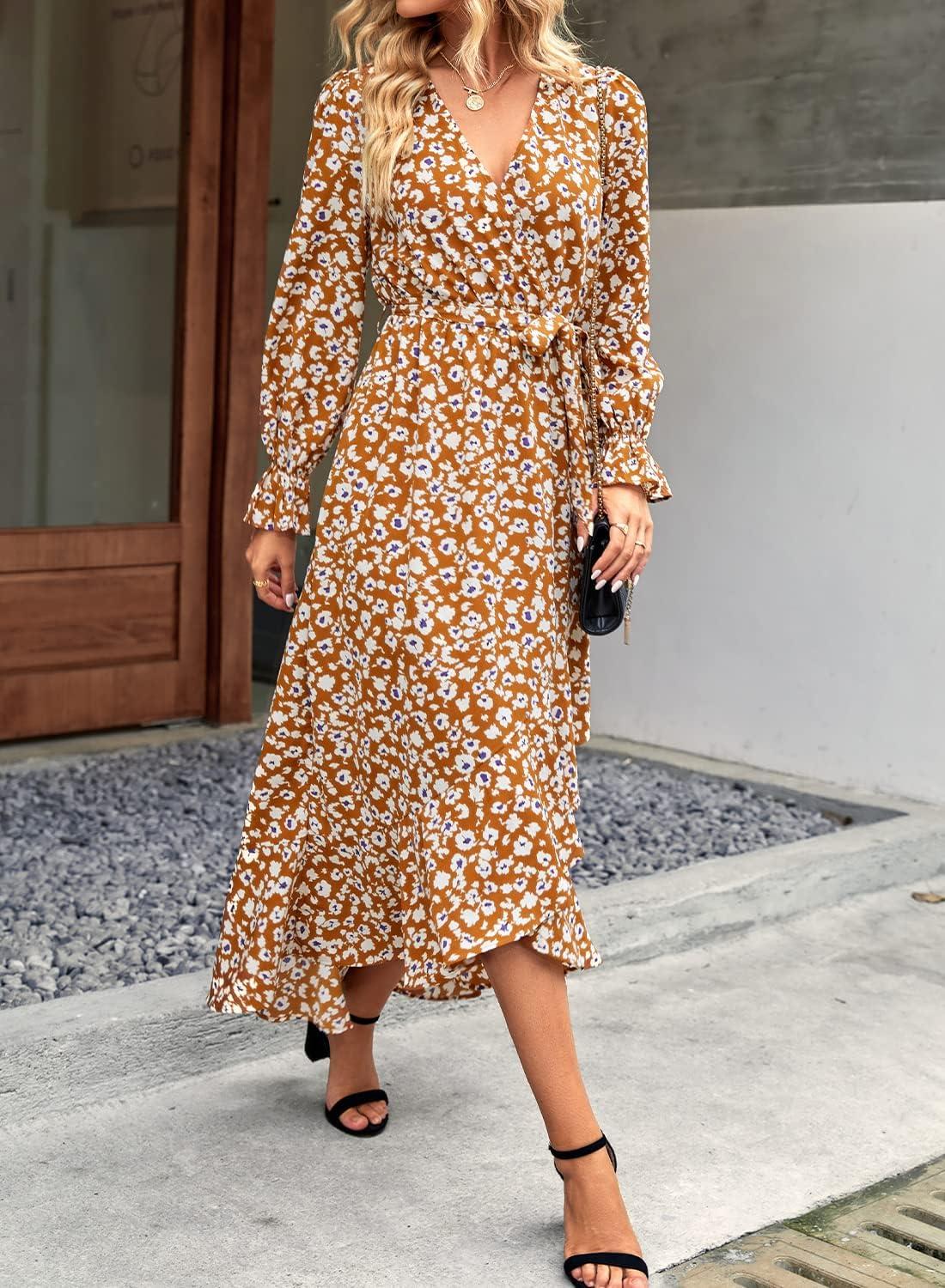 imageBTFBM Womens Dresses Spring Clothes 2026 V Neck Floral High Waist Ruffle Wedding Guest Cocktail Boho Long Sleeve DressBig Floral Yellow