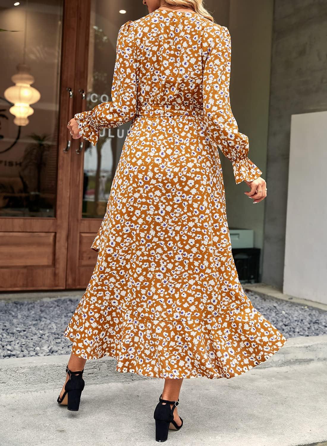 imageBTFBM Womens Dresses Spring Clothes 2026 V Neck Floral High Waist Ruffle Wedding Guest Cocktail Boho Long Sleeve DressBig Floral Yellow