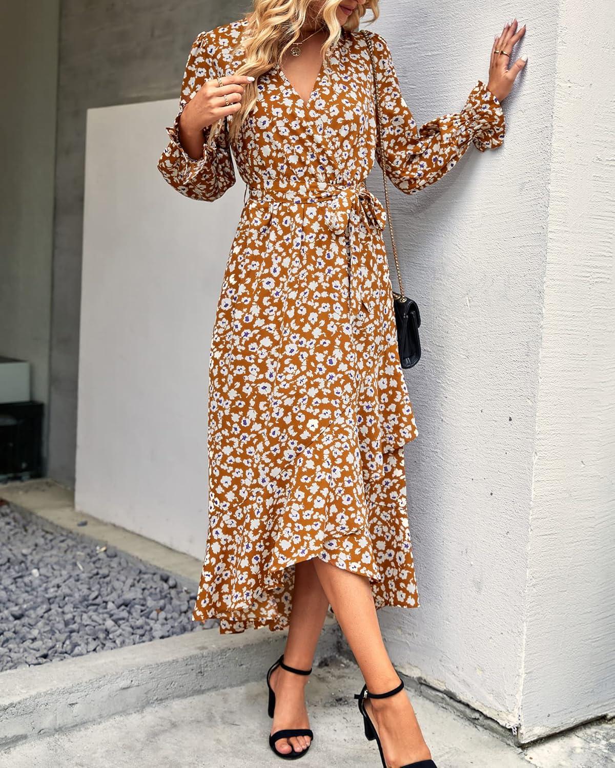 imageBTFBM Womens Dresses Spring Clothes 2026 V Neck Floral High Waist Ruffle Wedding Guest Cocktail Boho Long Sleeve DressBig Floral Yellow