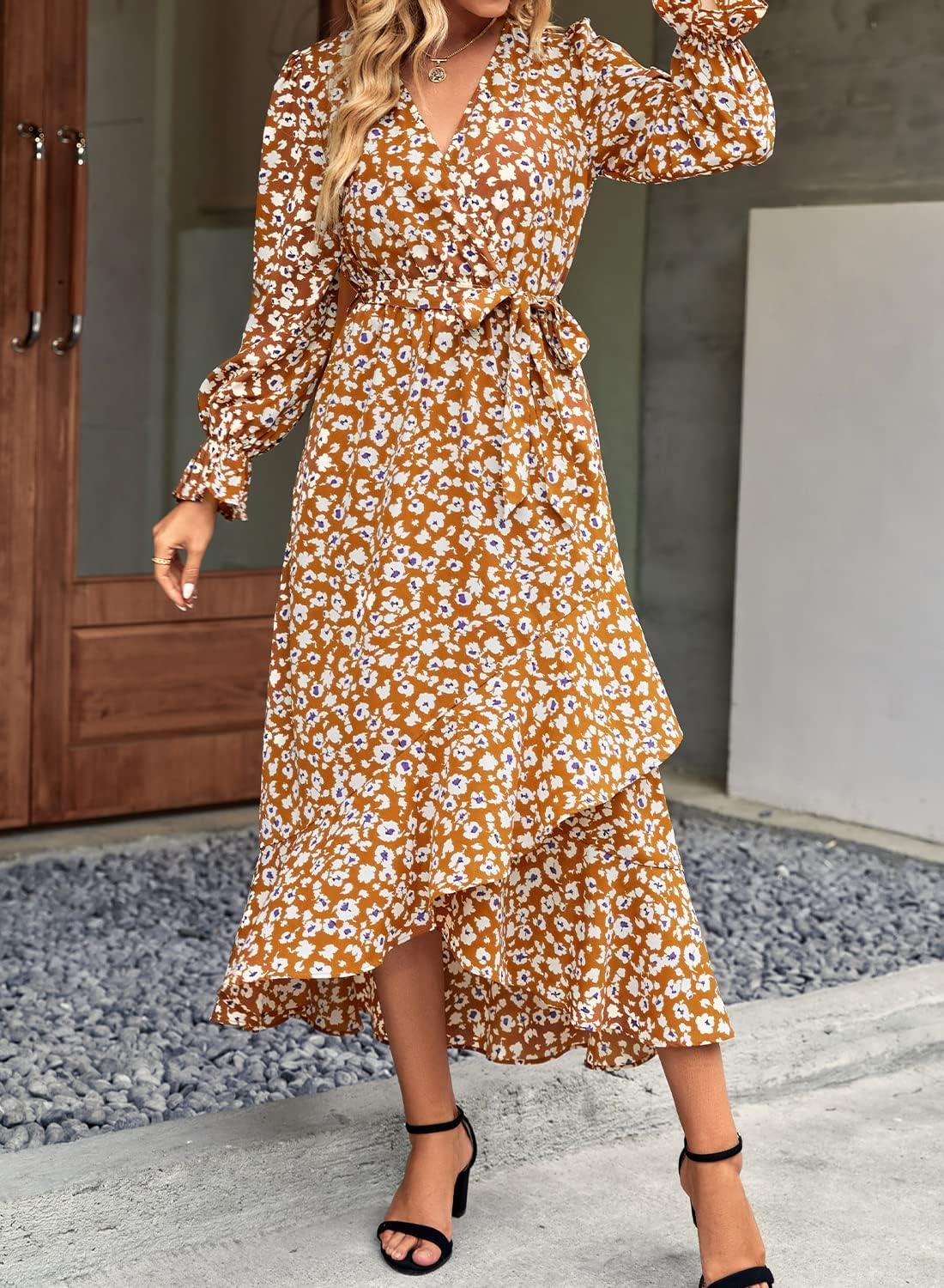 imageBTFBM Womens Dresses Spring Clothes 2026 V Neck Floral High Waist Ruffle Wedding Guest Cocktail Boho Long Sleeve DressBig Floral Yellow