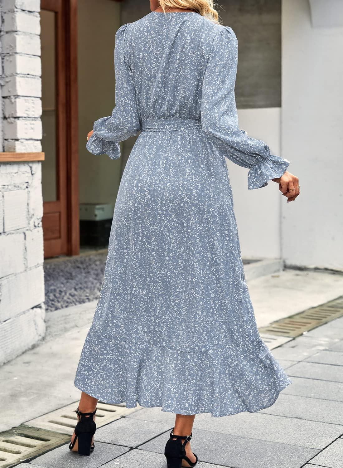 imageBTFBM Womens Dresses Spring Clothes 2026 V Neck Floral High Waist Ruffle Wedding Guest Cocktail Boho Long Sleeve DressFloral Blue