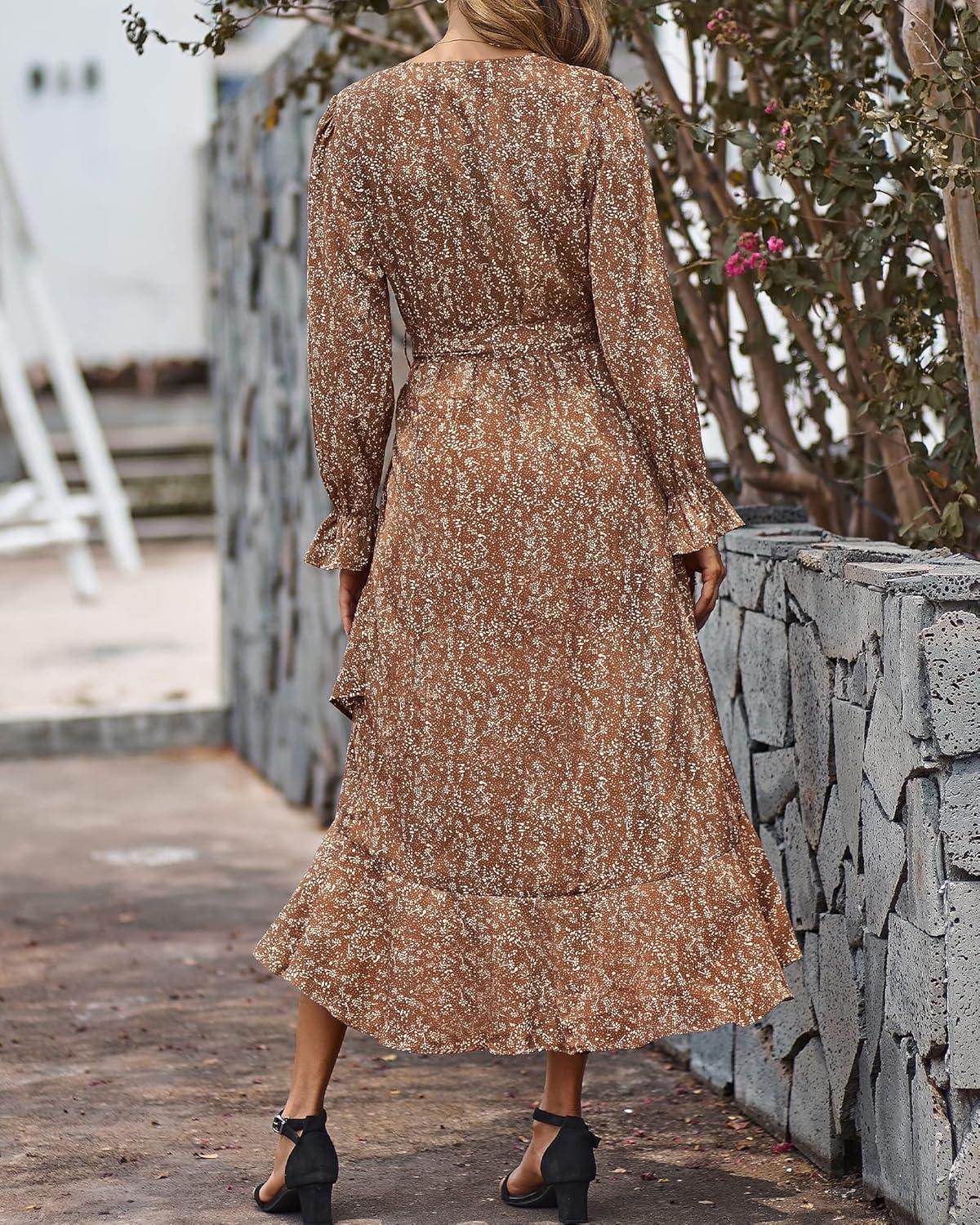 imageBTFBM Womens Dresses Spring Clothes 2026 V Neck Floral High Waist Ruffle Wedding Guest Cocktail Boho Long Sleeve DressFloral Brown
