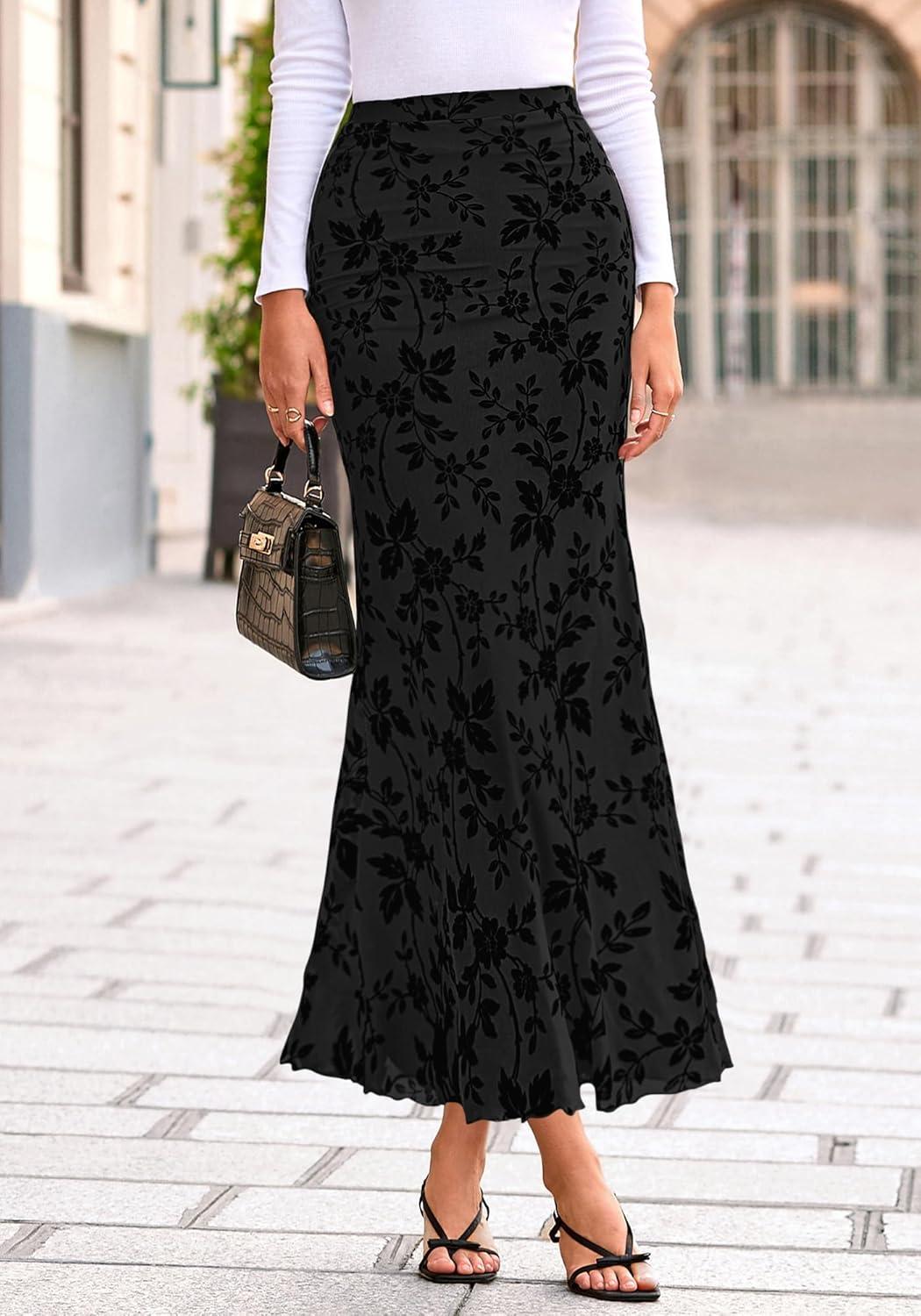 imageBTFBM Womens Floral Mesh Maxi Skirt 2026 Spring Summer Elastic High Waisted Boho Elegant Mermaid Long Skirts for WomenBlack